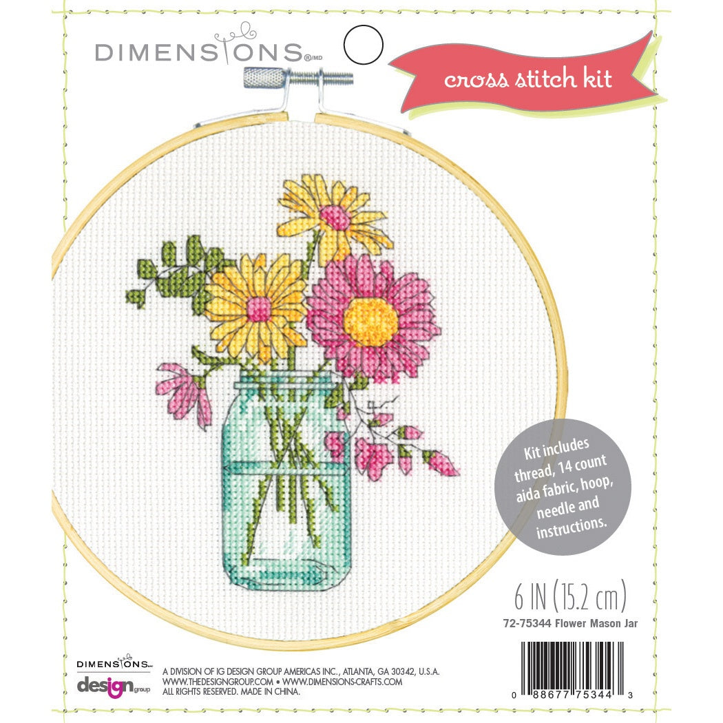 Dimensions Counted Cross Stitch Kit 6" -Flower Mason Jar 6" Round