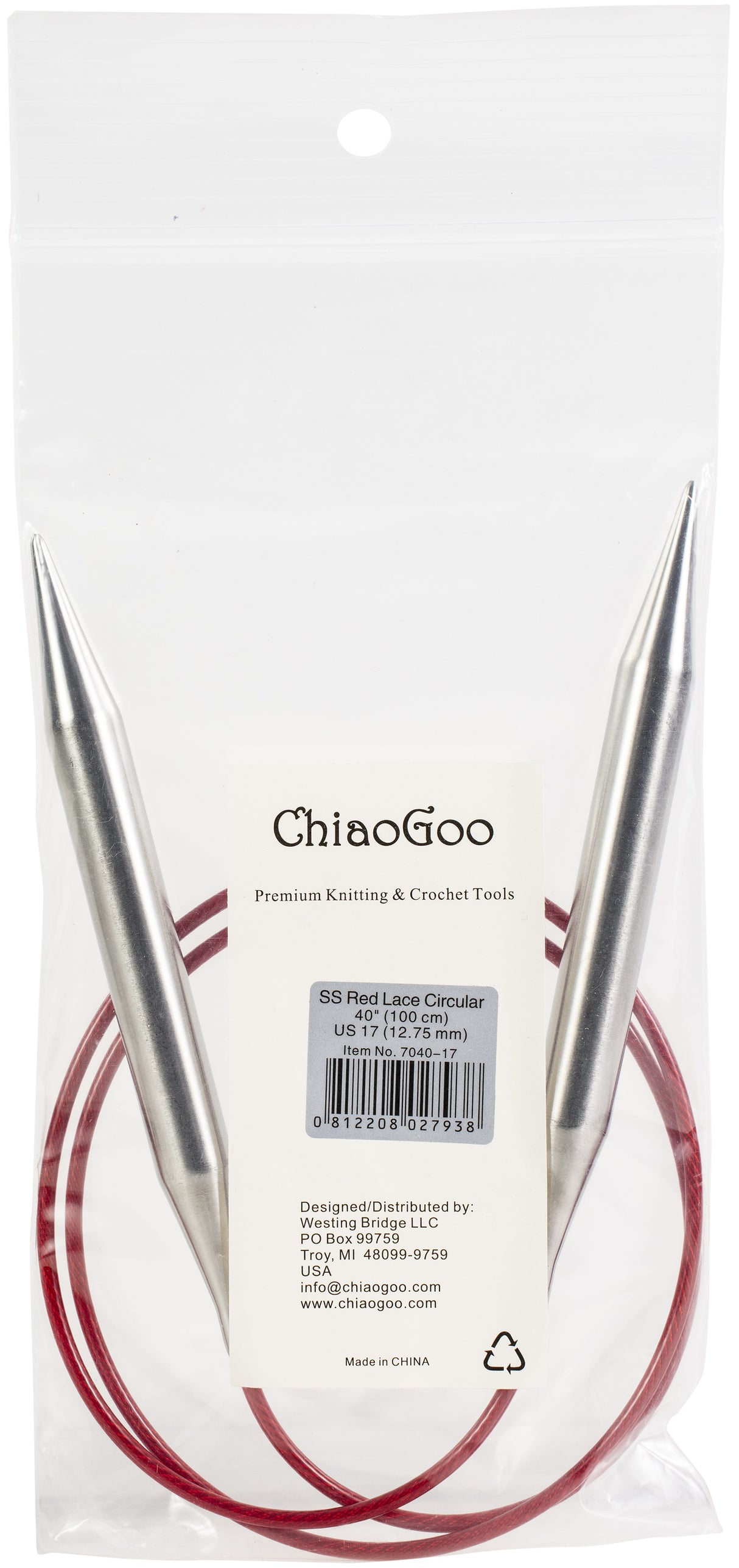 ChiaoGoo Red Lace Stainless Circular Knitting Needles 40"-Size 17/12.75mm