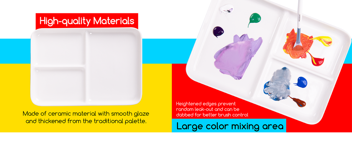 MEEDEN Ceramic Artist Paint Palette, Rectangle Porcelain Watercolor Palette, 10'' × 7'' Ceramic Mixing Tray for Gouache, Watercolor, Acrylic Painting
