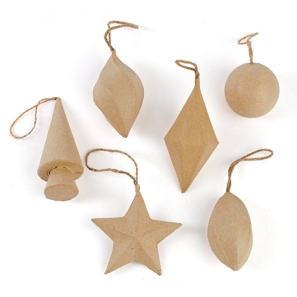 Set of 6 Assorted Shape Paper Mache Christmas Ornaments