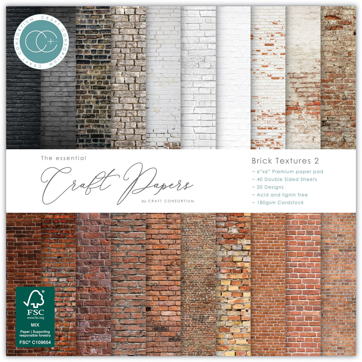 Craft Consortium Double-Sided Paper Pad 6"X6" 40/Pkg-Brick Textures 2