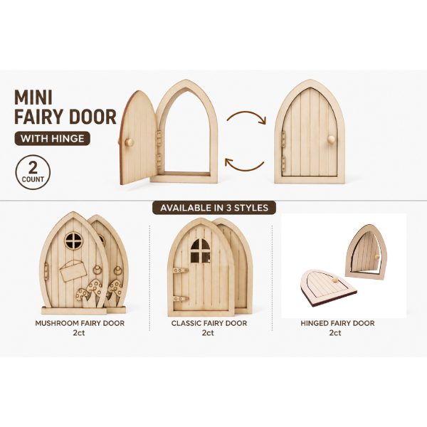 Mini Fairy Doors, Unfinished Wood, Assorted Styles, 2ct
