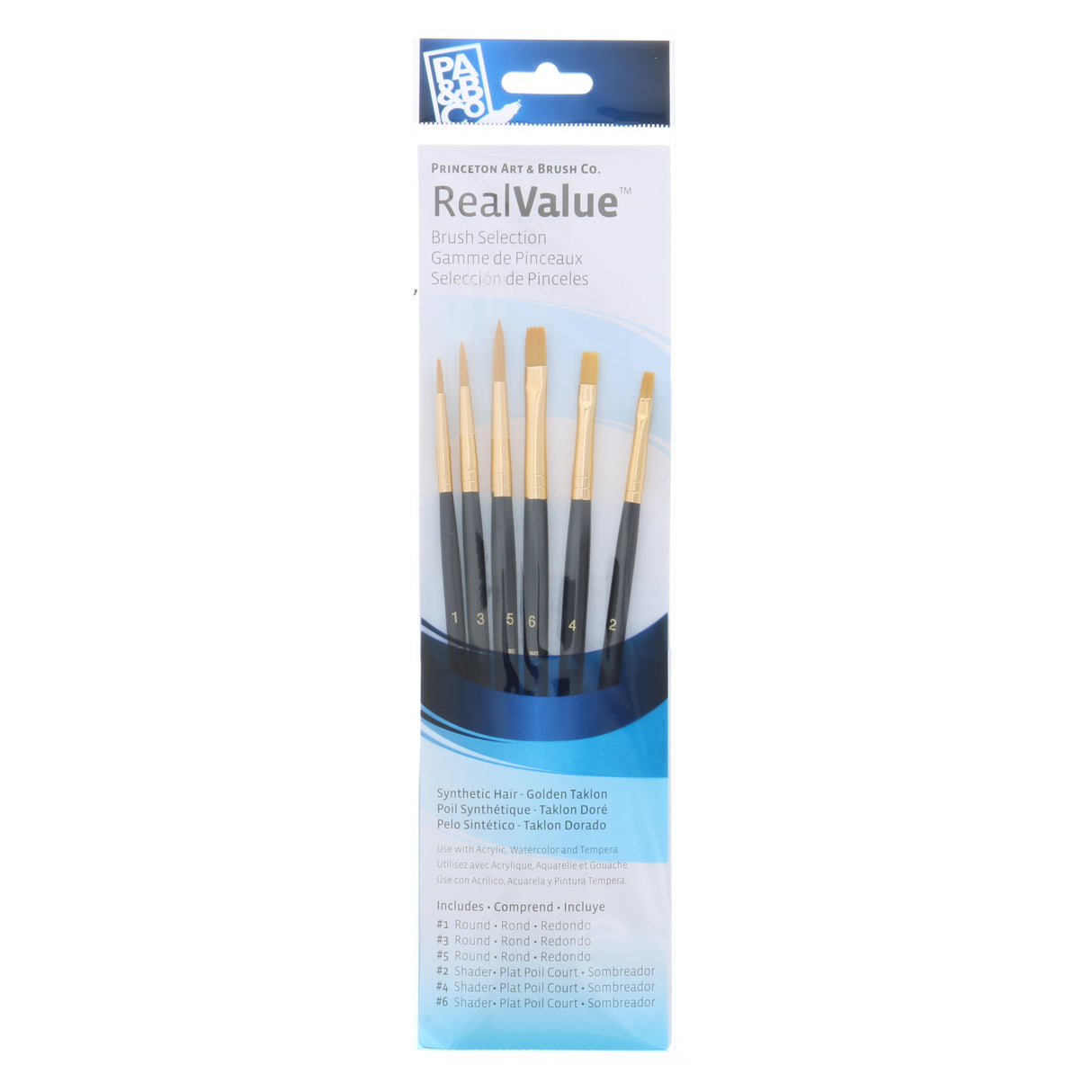 Princeton Brush Real Value 6-Brush Golden Taklon Brush Set, Round 1, 3, 5, Shader 2, 4, 6 (LH)