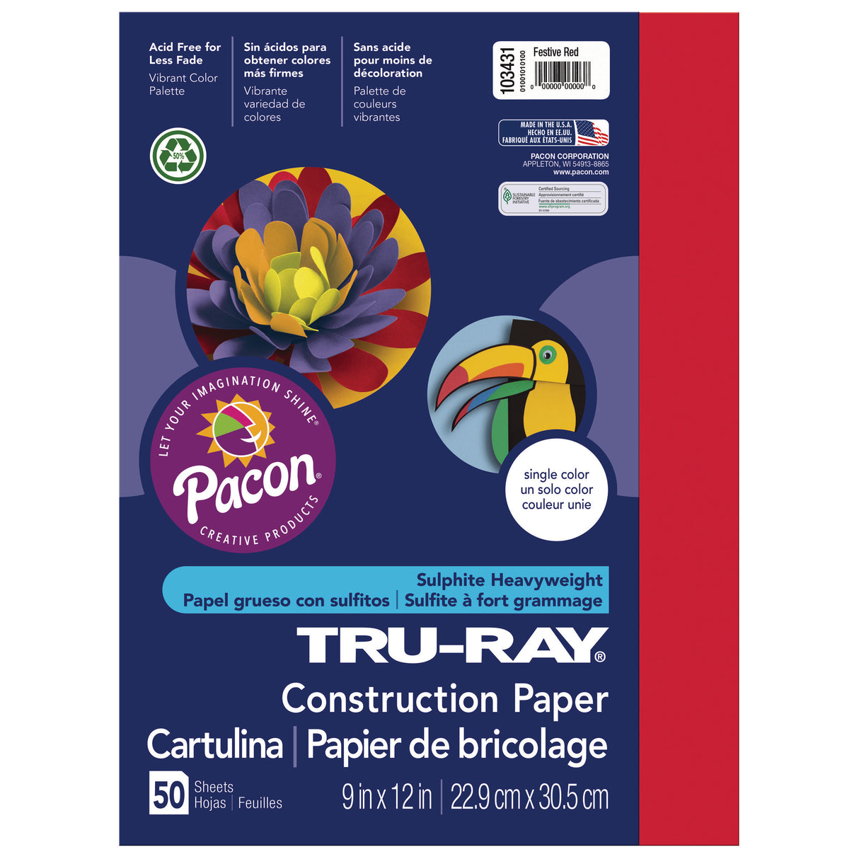 Pacon Tru-Ray Construction Paper, 50 Sheets, 9 in x 12 in, Festive Red