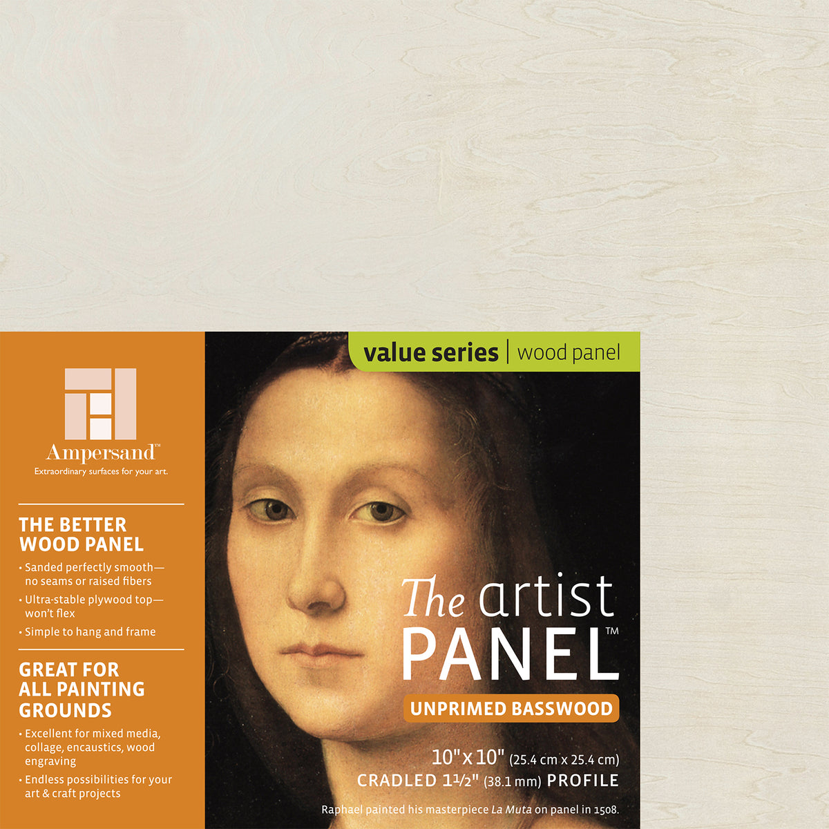 Ampersand Art Artist Panel, Unprimed Basswood, Cradled, 1-1/2 in Profile, 10 in x 10 in