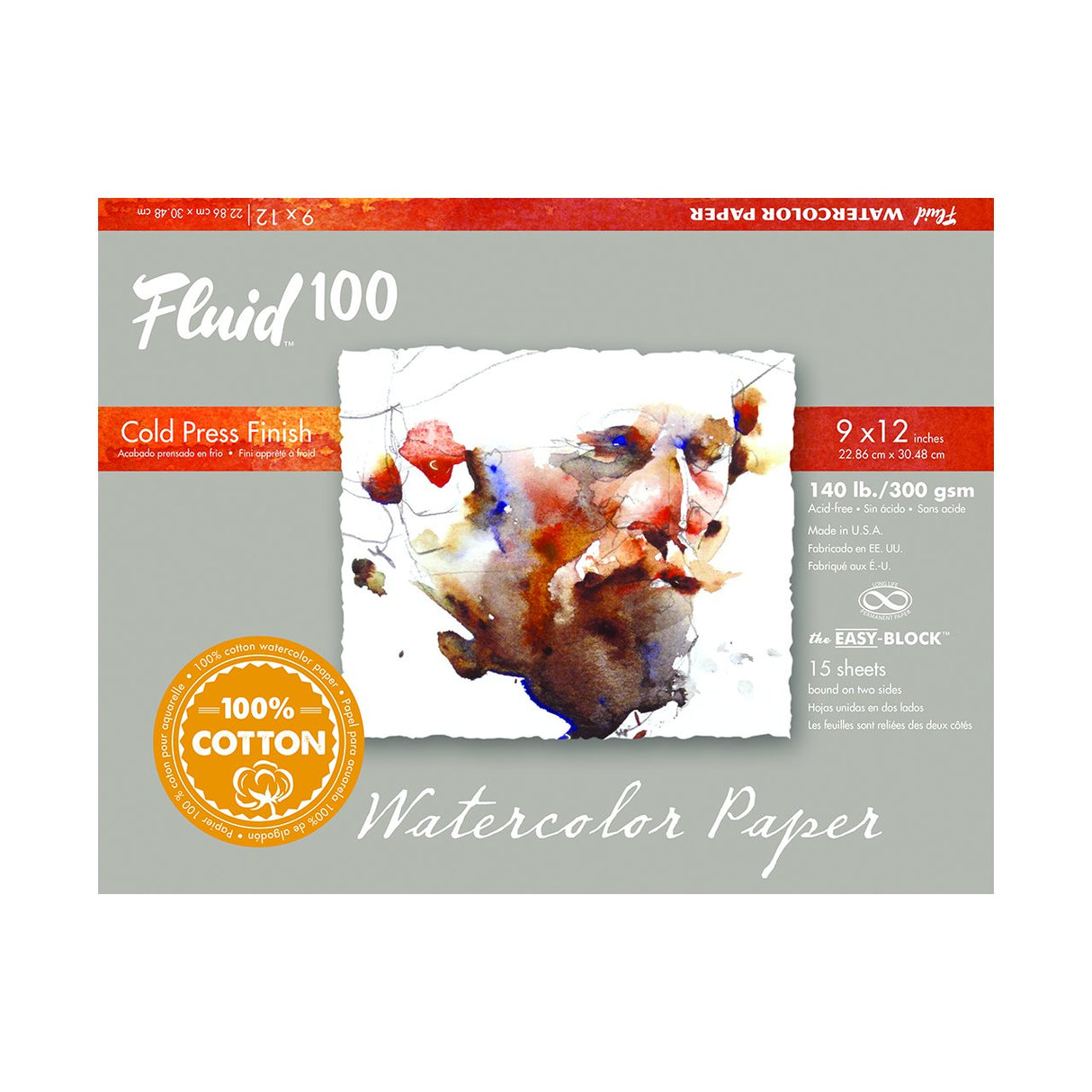 Global Art Fluid 100 Watercolor Paper Block, Cold Press, 9 in x 12 in, 15 Sheets/Block