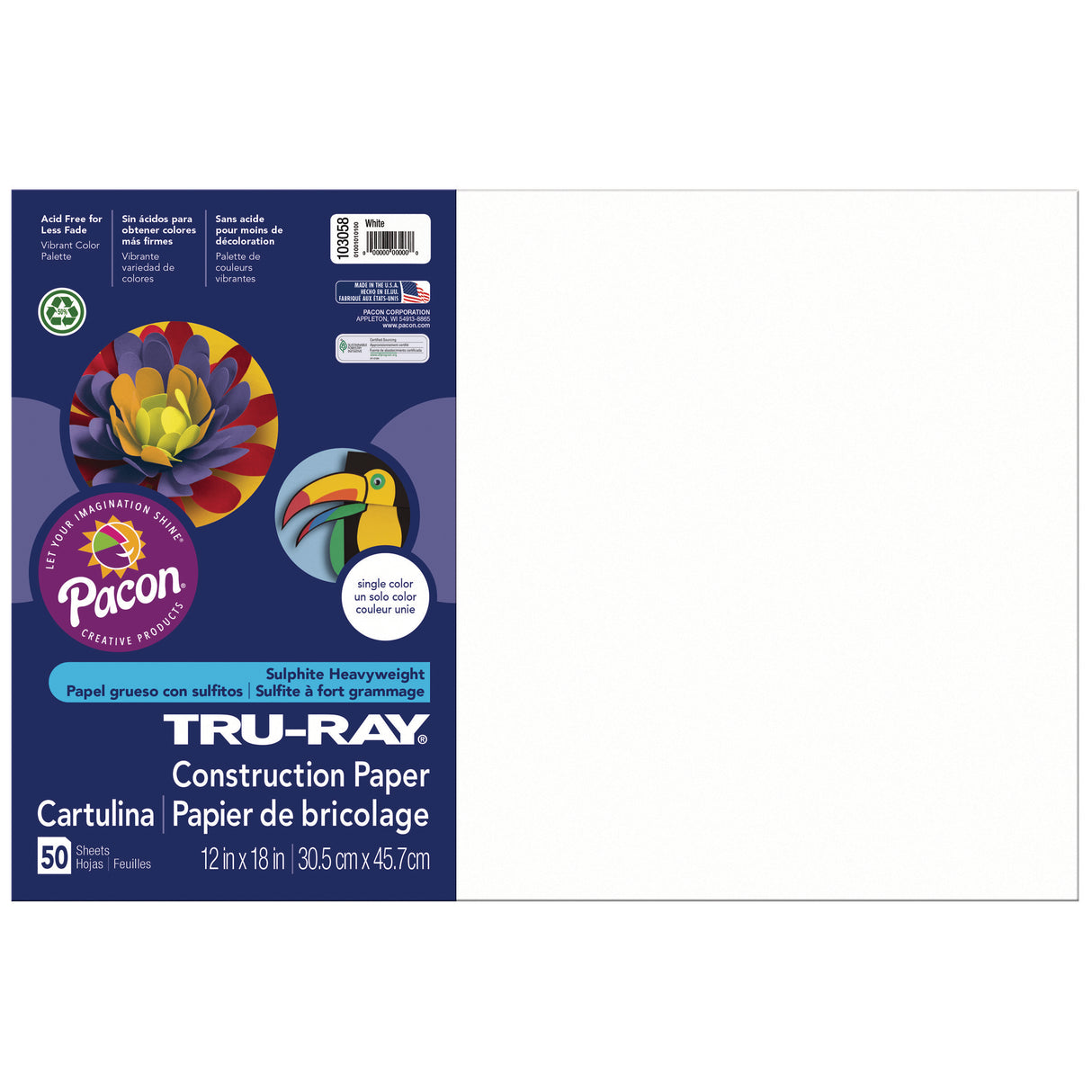 Pacon Tru-Ray Construction Paper, 50 Sheets, 12 in., x 18 in., White