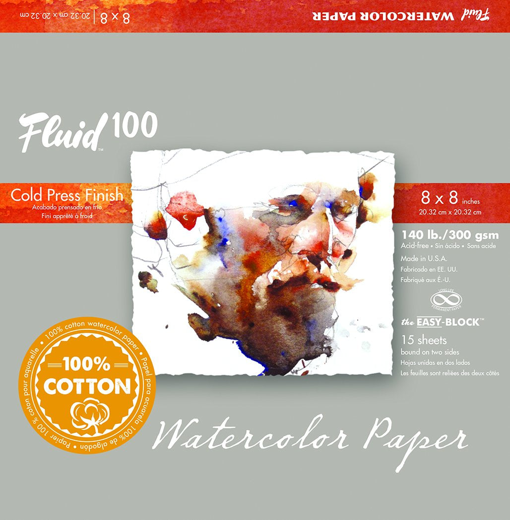 Global Art Fluid 100 Watercolor Paper Block, Cold Press, 8 in x 8 in, 15 Sheets/Block