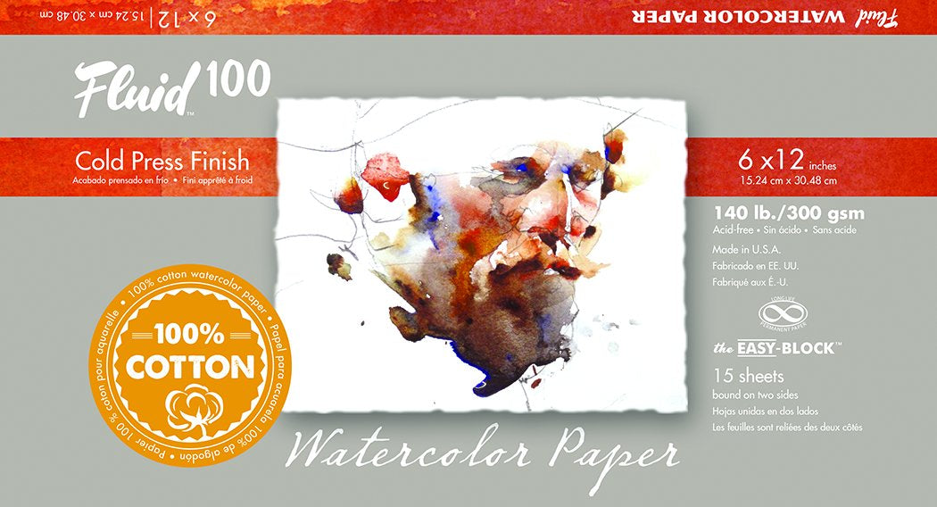 Global Art Fluid 100 Watercolor Paper Block, Cold Press, 6 in x 12 in, 15 Sheets/Block