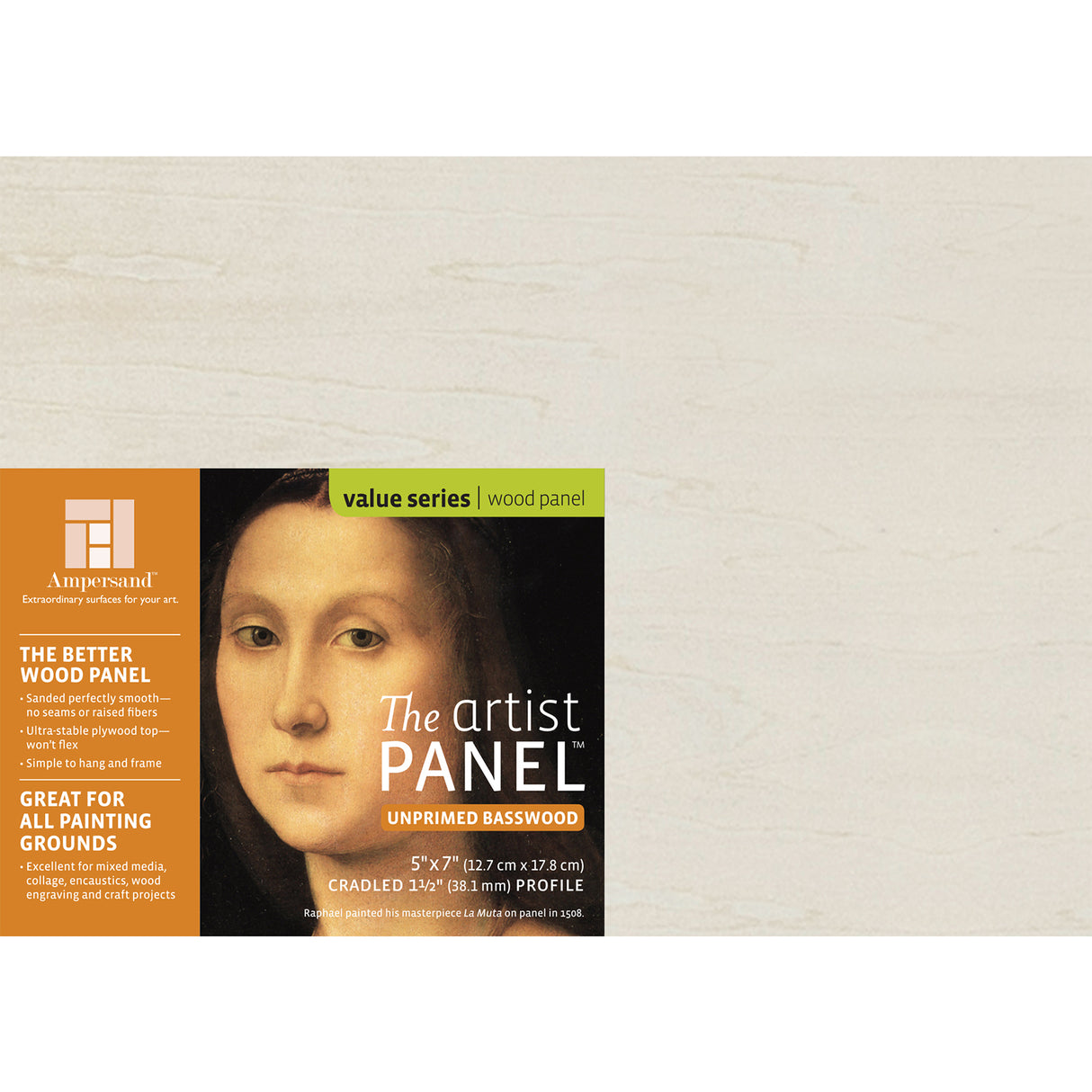 Ampersand Art Artist Panel, Unprimed Basswood, Cradled, 1-1/2 in Profile, 5 in x 7 in