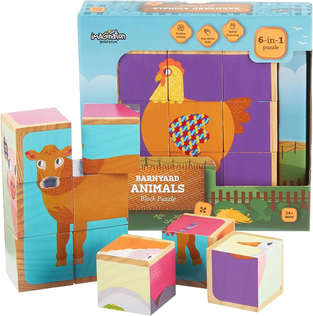 Barnyard Animals 6-In-1 Toddler's Wooden Block Puzzle