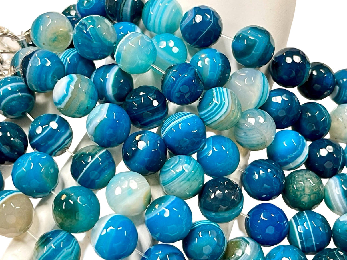 Blue Lagoon Faceted Agate Gemstone 14mm Round Beads Strand