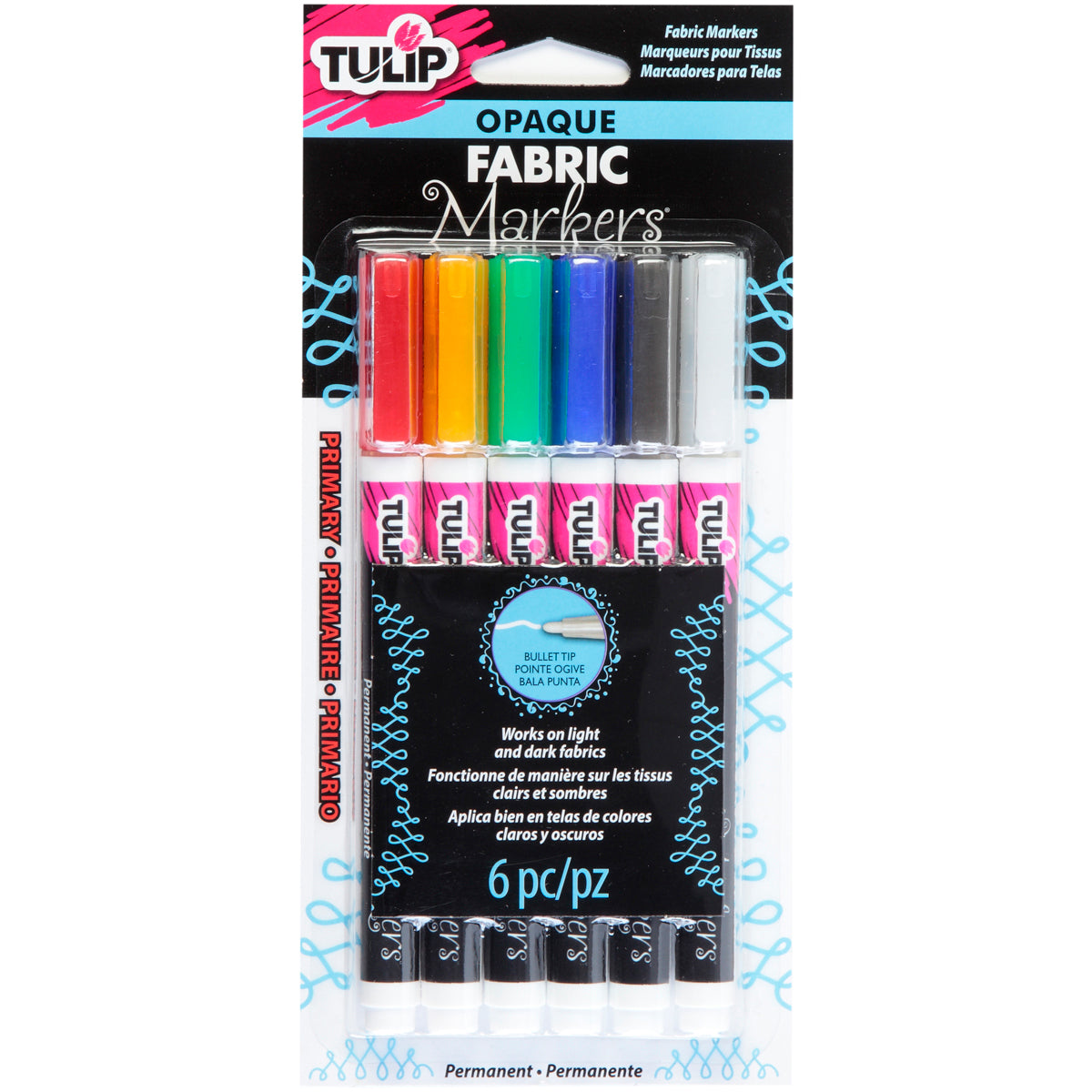 Tulip Opaque Fabric Markers 6/Pkg-Primary