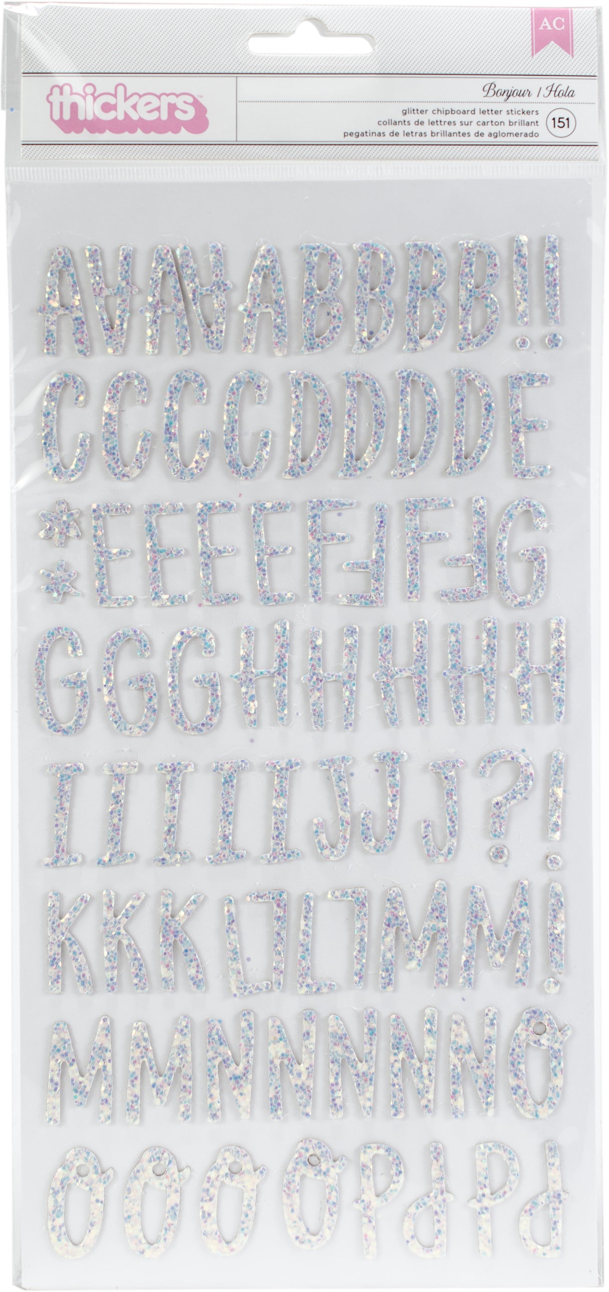 Dear Lizzy Stay Colorful Thickers Stickers 5.5"X11" 151/Pkg-Bonjour Alpha/Multi Glittered Chipboard