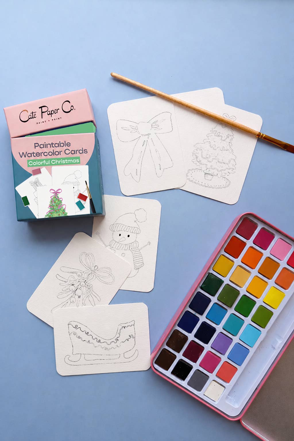 Paintable Watercolor Card Deck - Colorful Christmas