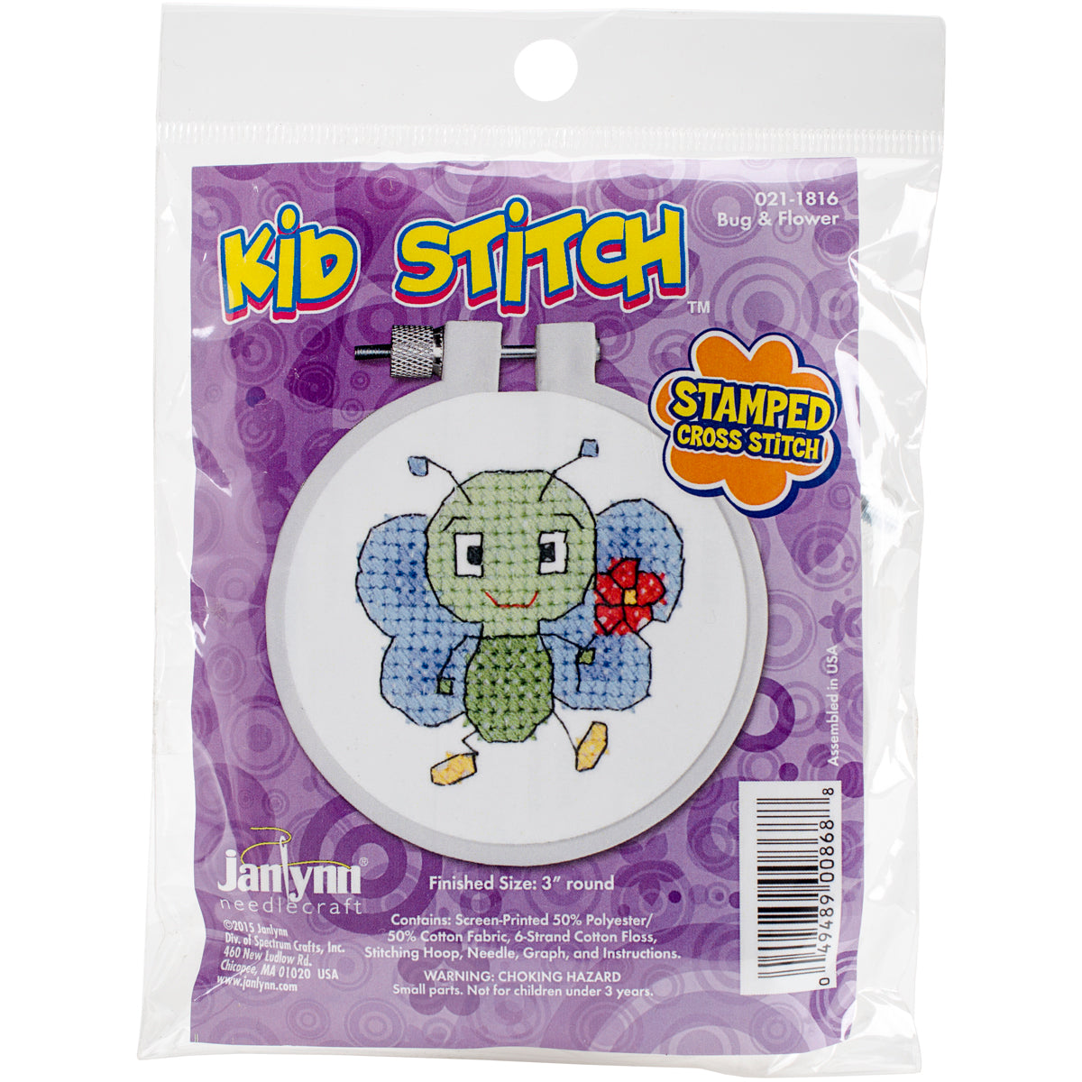 Janlynn Kid Stitch Stamped Cross Stitch Kit 3" Round-Bug & Flower
