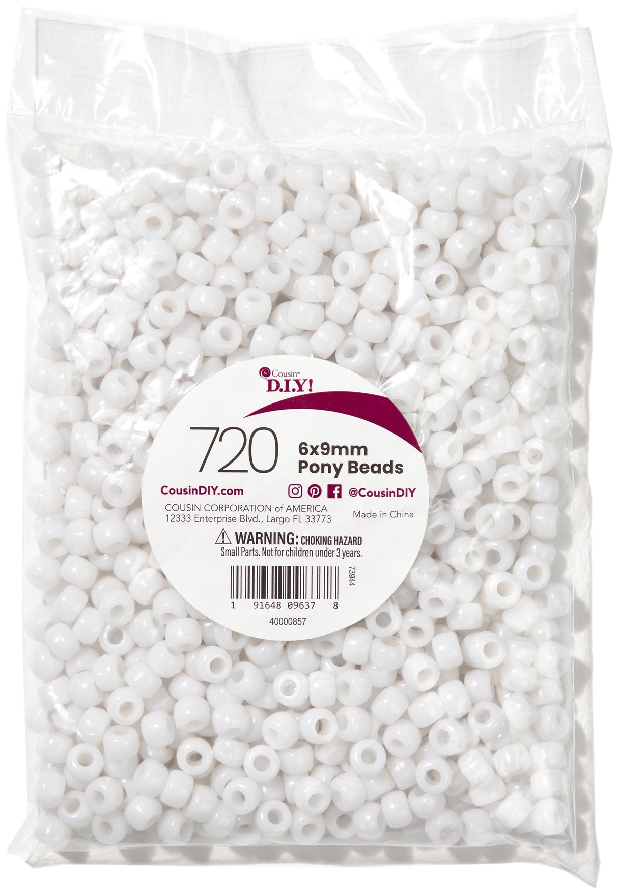 CousinDIY Pony Beads 6mmx9mm 720/Pkg-Pearl White