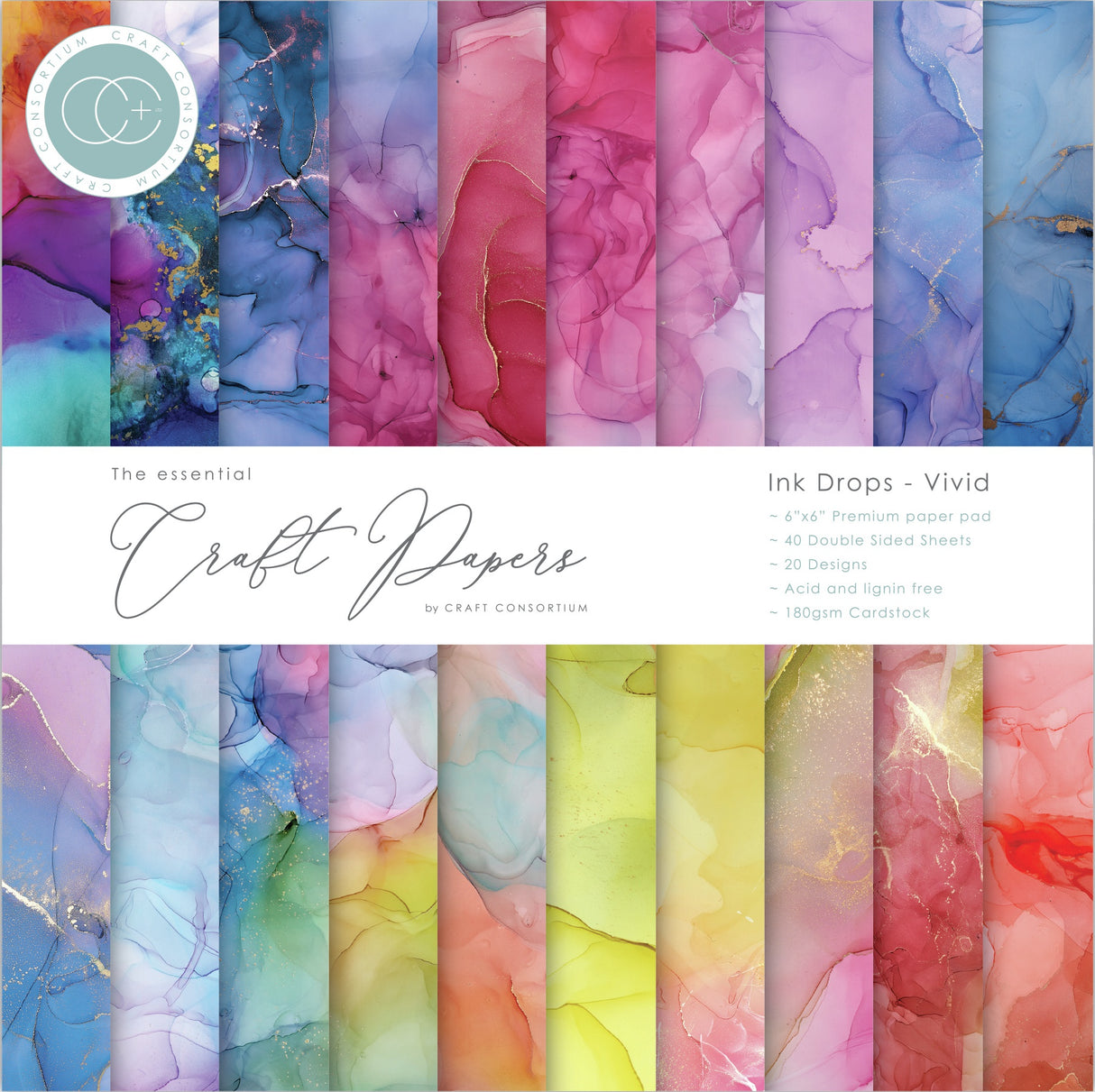 Craft Consortium Double-Sided Paper Pad 6"X6" 40/Pkg-Ink Drops - Vivid, 20 Designs