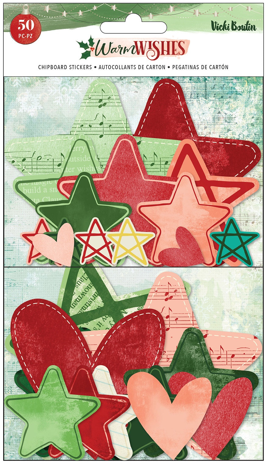 Vicki Boutin Warm Wishes Chipboard Stickers 50/Pkg-Stars & Hearts