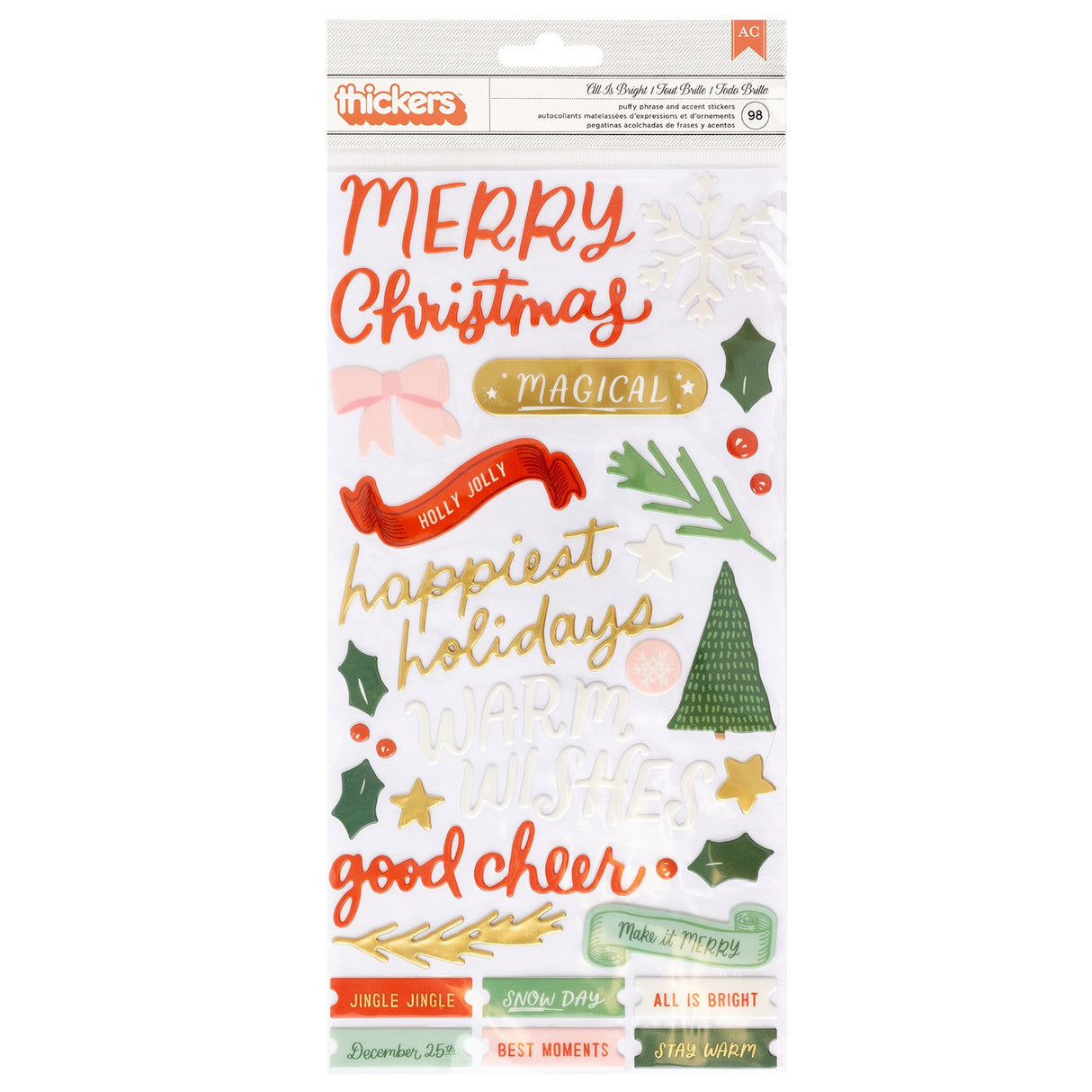 Mittens & Mistletoe Thickers Stickers 99/Pkg-All Is Bright Phrase W/Gold Foil