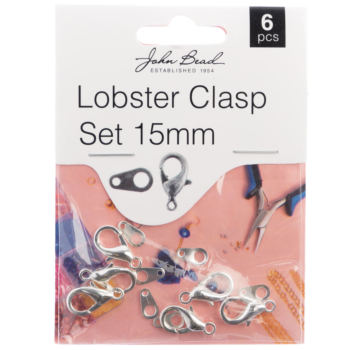 John Bead Lobster Clasp Set 15mm 6/Pkg-Silver