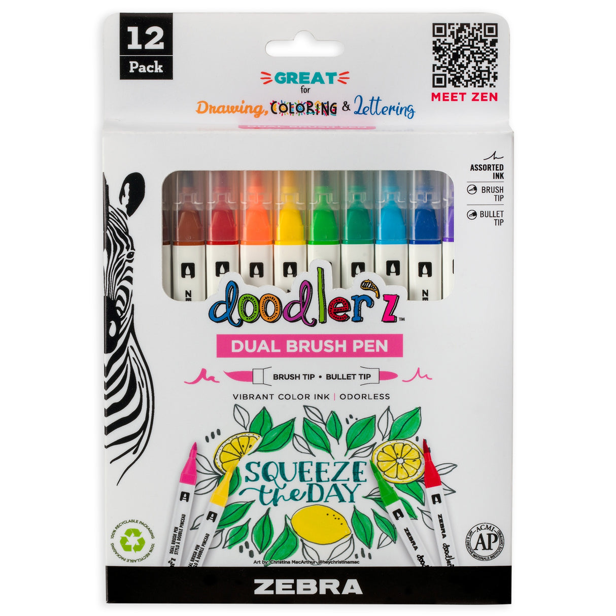 Zebra Doodlerz Dual Brush Pens 12/Pkg-Assorted