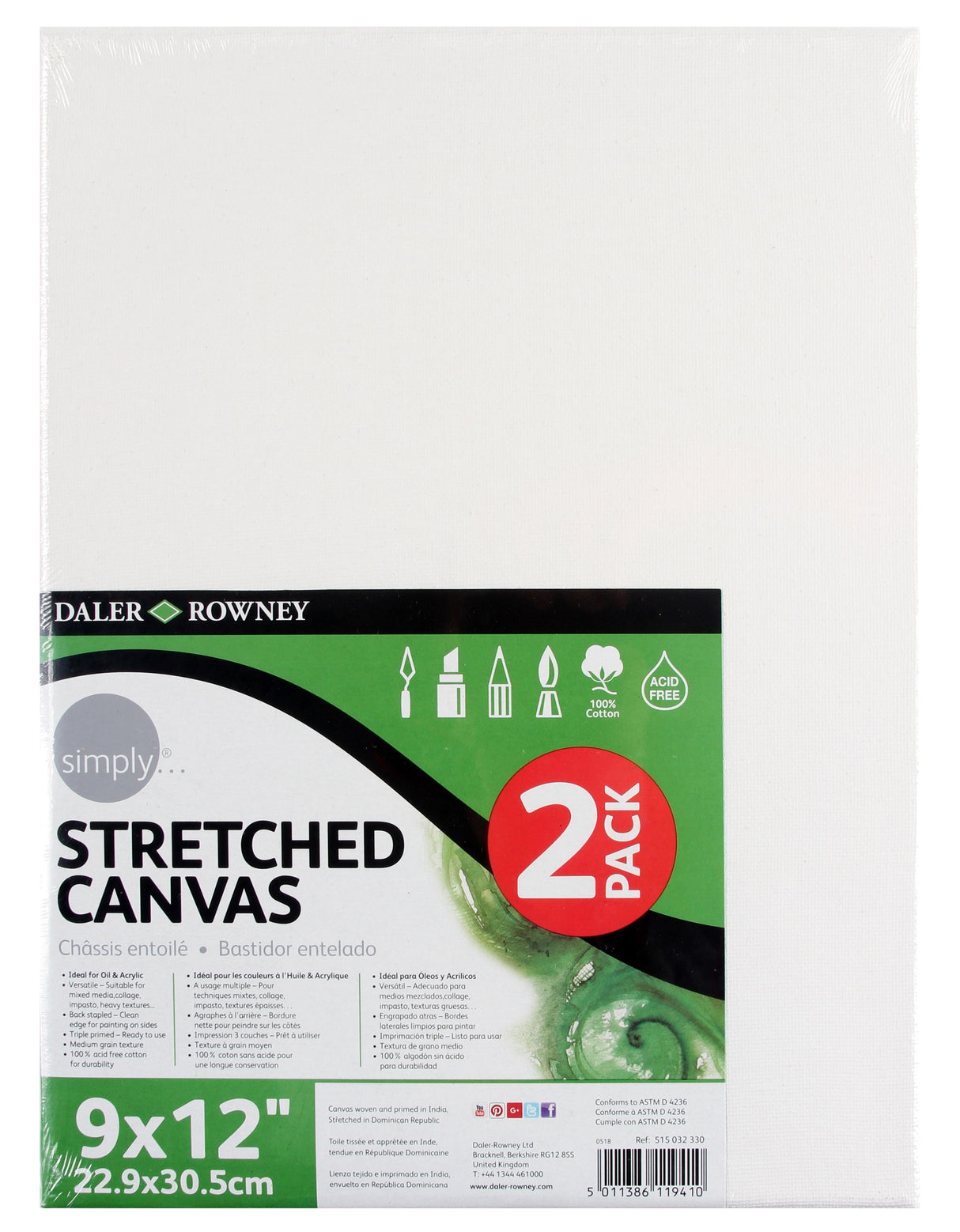 Daler-Rowney Simply Stretched Canvas 2/Pkg-9"X12"