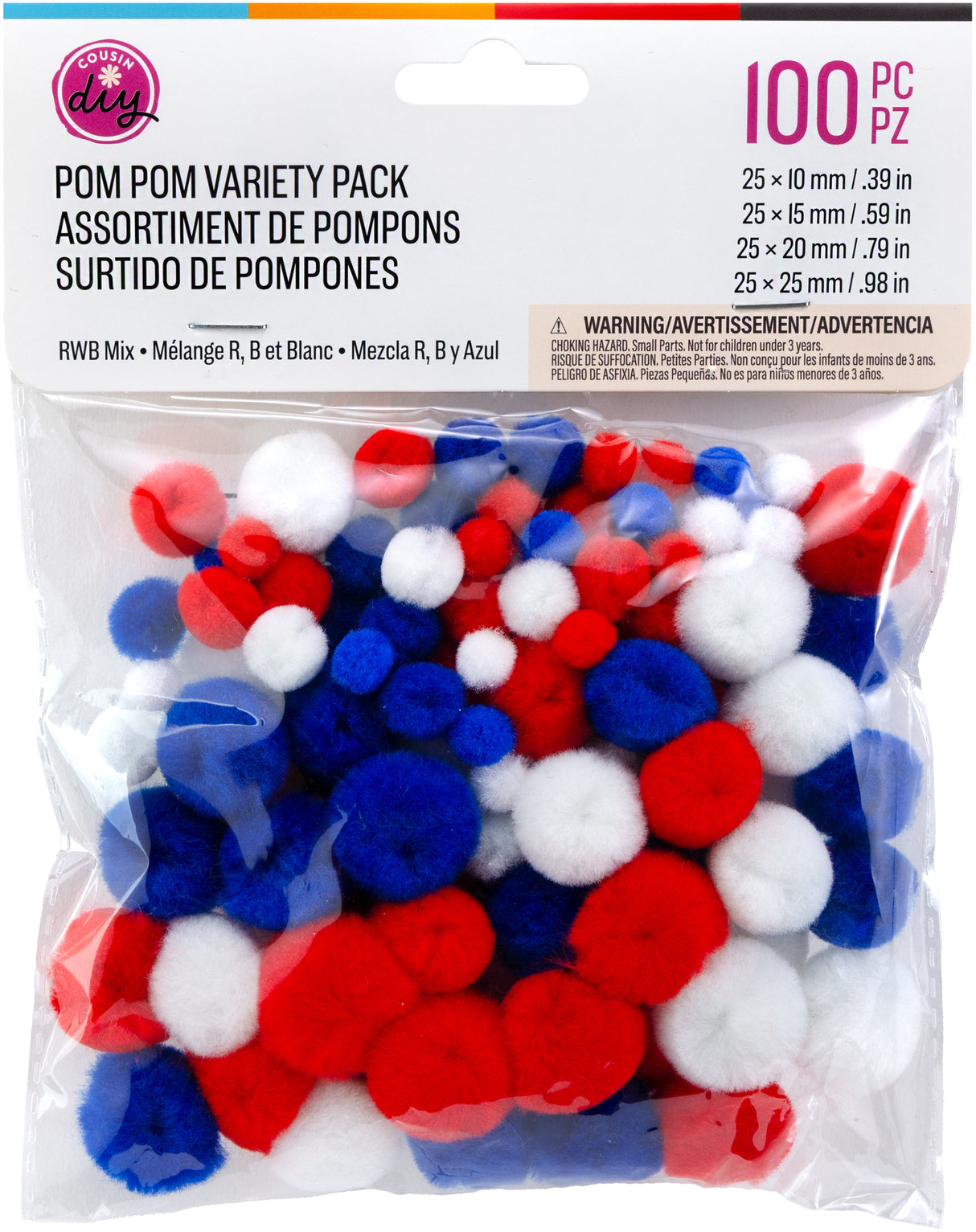 CousinDIY Pom-Poms 100/Pkg-Red, White & Blue Variety Pack