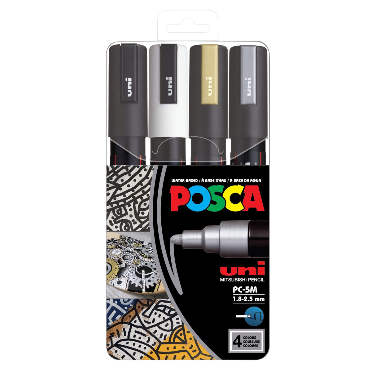 POSCA 5M Medium Bullet Tip 2.5mm Paint Marker 4/Pkg-White/ Black/ Gold/ Silver