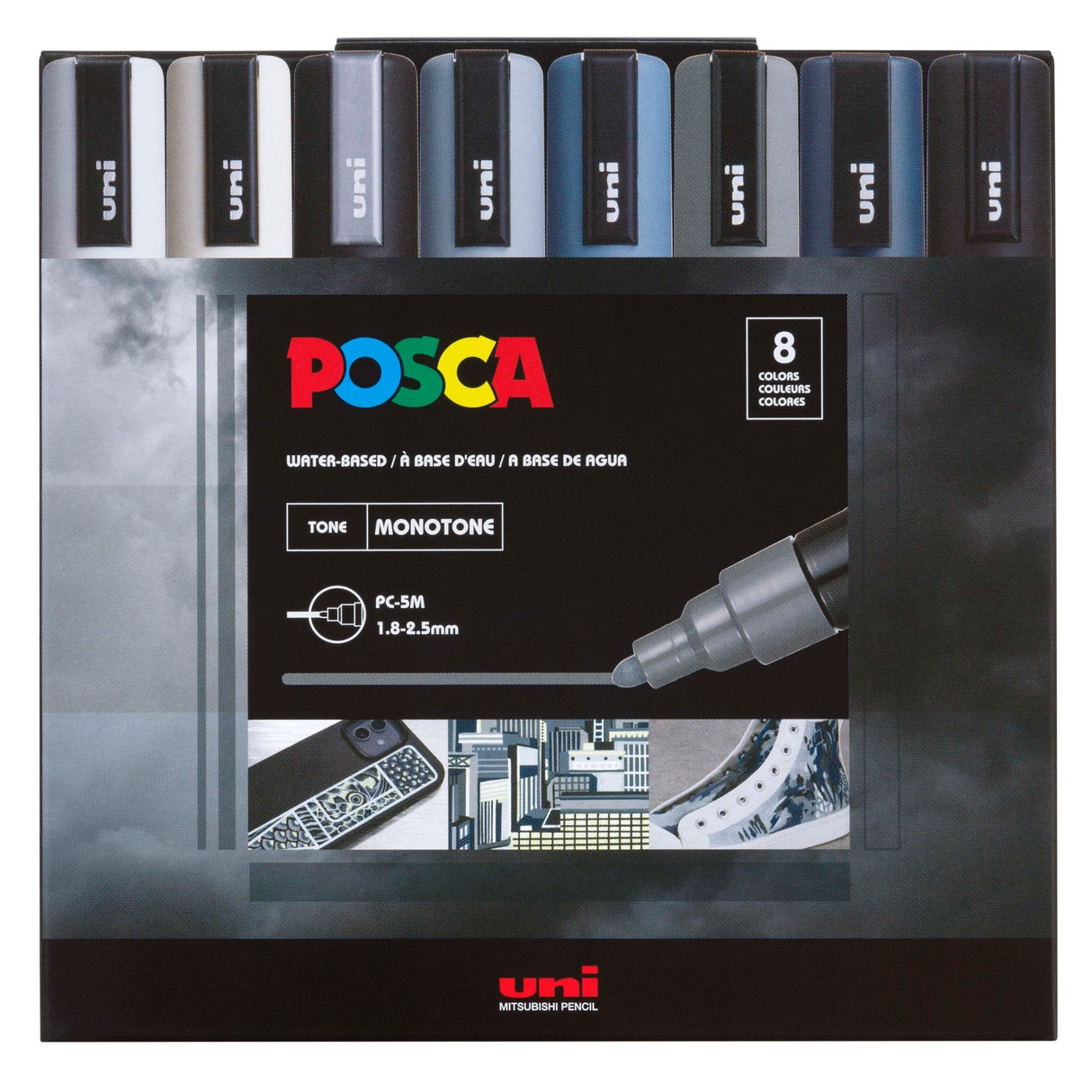 POSCA 5M Medium Bullet Tip 2.5mm Paint Marker 8/Pkg-Mono Tones