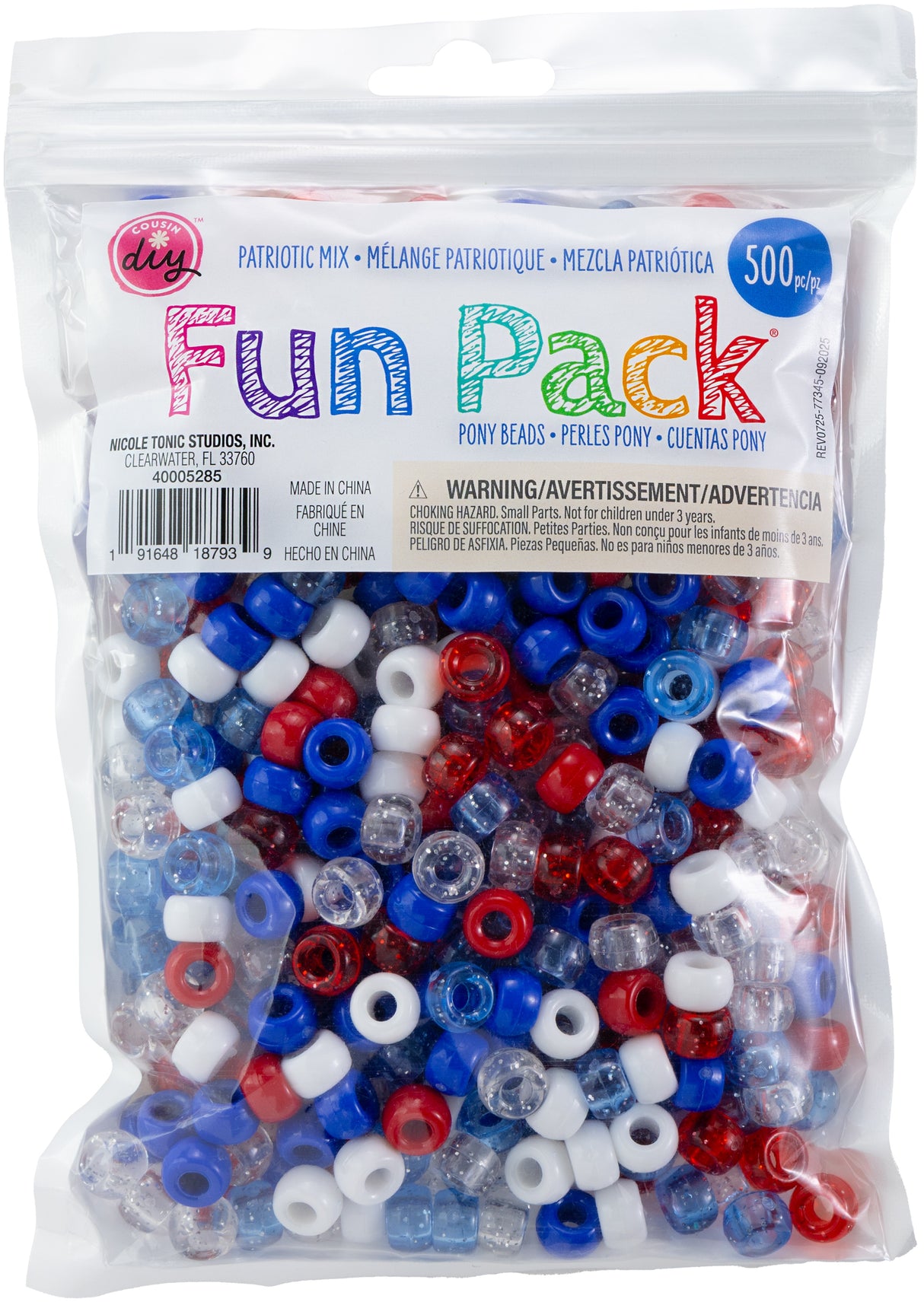 CousinDIY Pony Beads 6mmX9mm 500/Pkg-Patriotic Mix