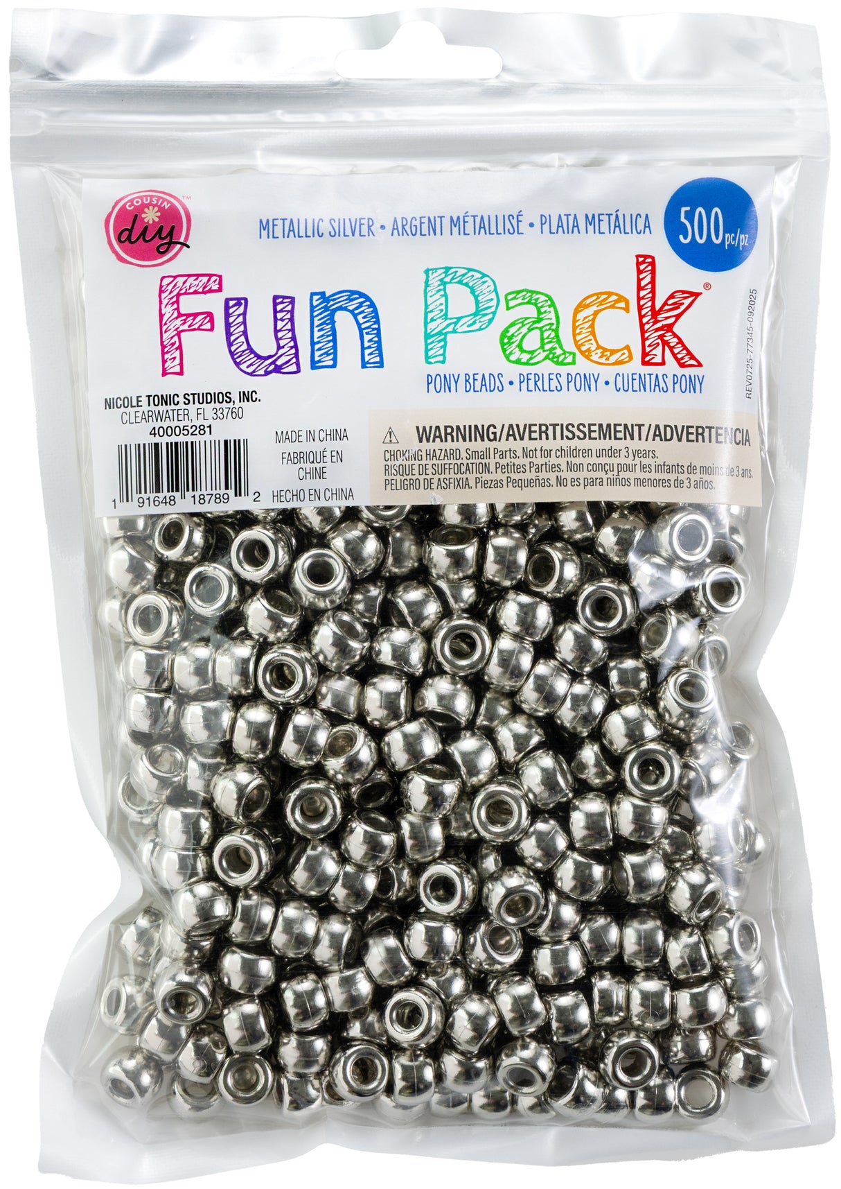 CousinDIY Pony Beads 6mmX9mm 500/Pkg-Metallic Silver