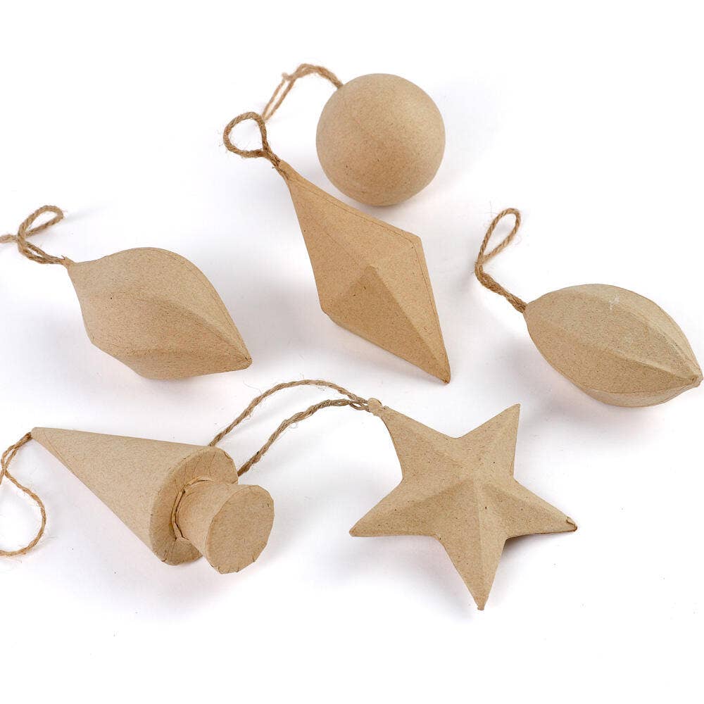 Set of 6 Assorted Shape Paper Mache Christmas Ornaments