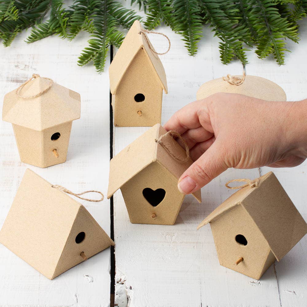 Premade Mini Paper Mache Birdhouses (Set of 6)