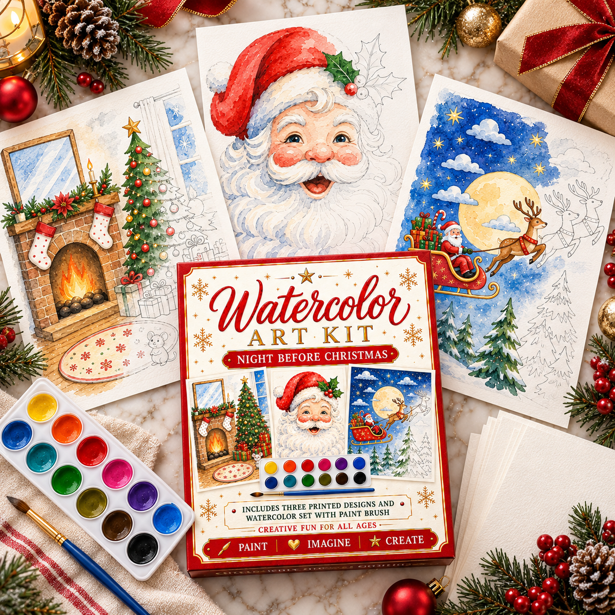 Watercolor Art Kit: Santa Night Before X-Mas Theme Designs