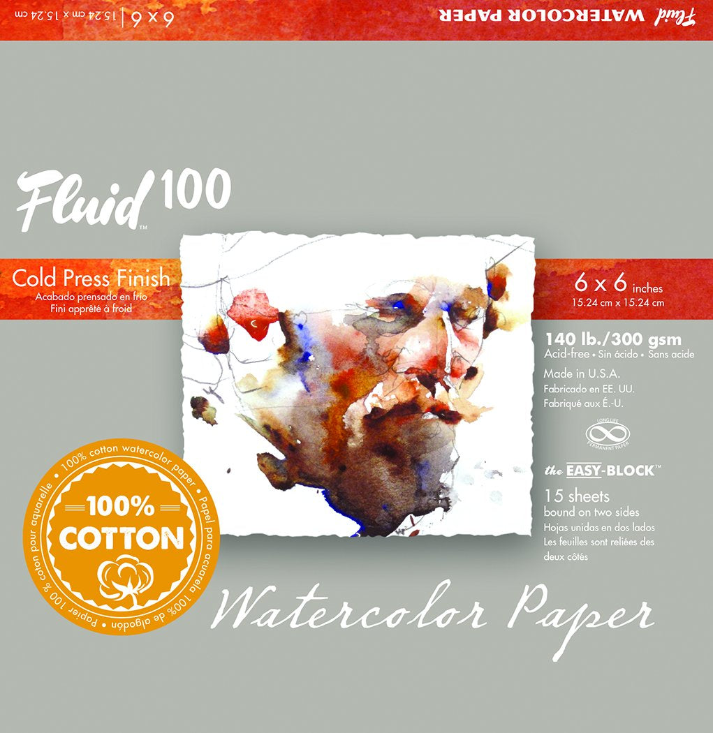 Global Art Fluid 100 Watercolor Paper Block, Cold Press, 6 in x 6 in, 15 Sheets/Block