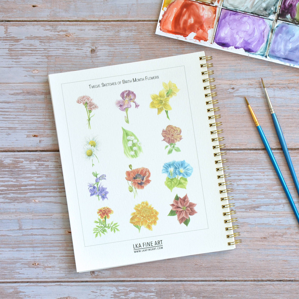 Watercolor workbook, Birth Month Flowers Watercoloring book