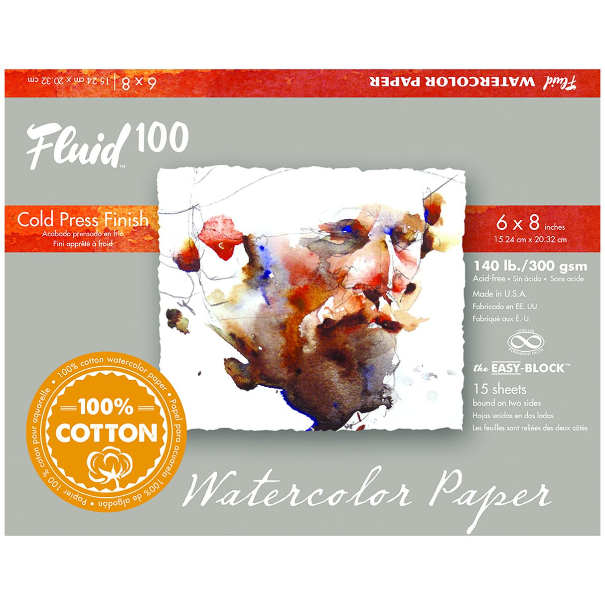 Global Art Fluid 100 Watercolor Paper Block, Cold Press, 6 in x 8 in, 15 Sheets/Block