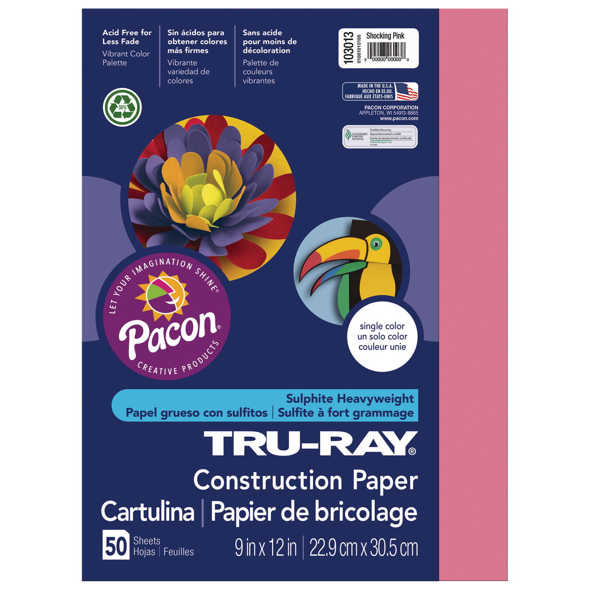Pacon Tru-Ray Construction Paper, 50 Sheets, 9 in. x 12 in., Shocking Pink