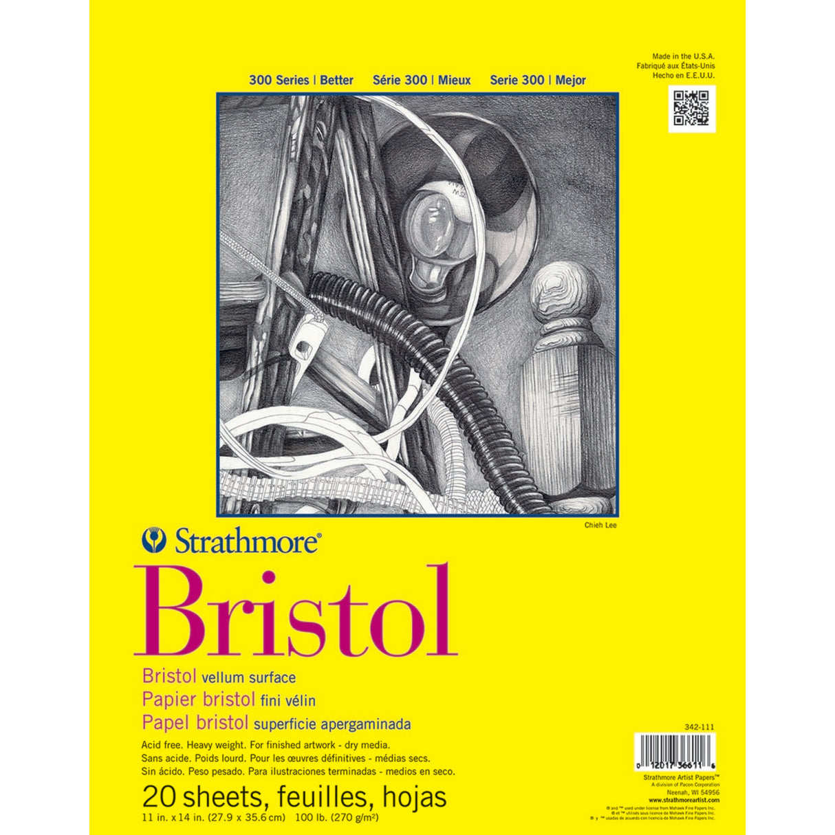Strathmore Bristol Paper Pad, 300 Series, Tape-Bound, 20 Sheets, Vellum, 11 in x 14 in in