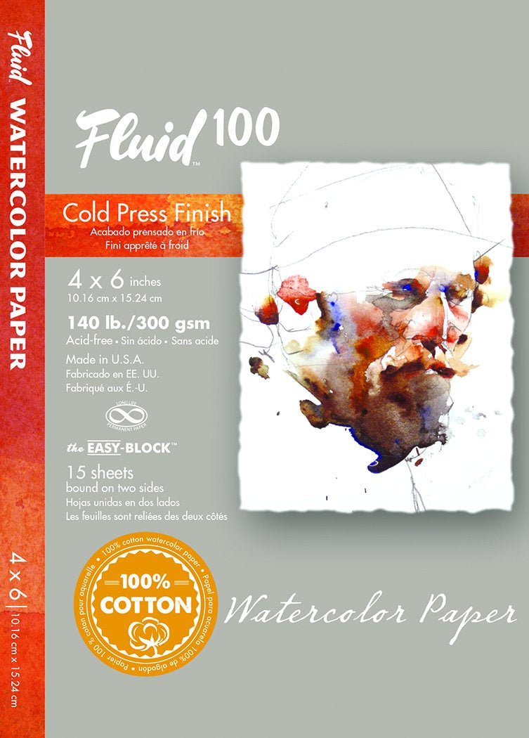 Global Art Fluid 100 Watercolor Paper Block, Cold Press, 4 in x 6 in, 15 Sheets/Block