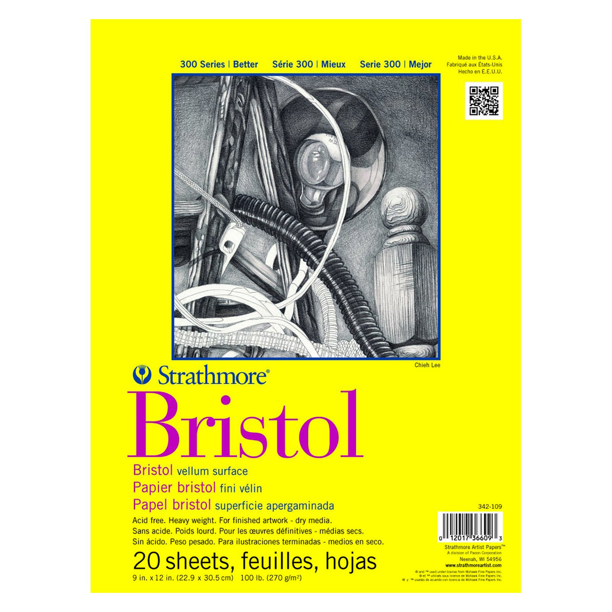 Strathmore Bristol Paper Pad, 300 Series, Tape-Bound, 20 Sheets, Vellum, 9 in x 12 in