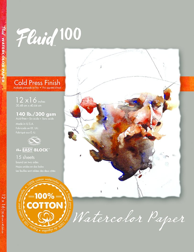 Global Art Fluid 100 Watercolor Paper Block, 15 Sheets, Cold Press, 12 in x 16 in